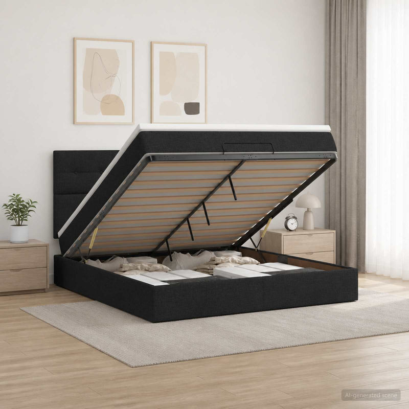 Pat ottoman cu saltea cu headboard Negru 140 x 190 cm Țesătură