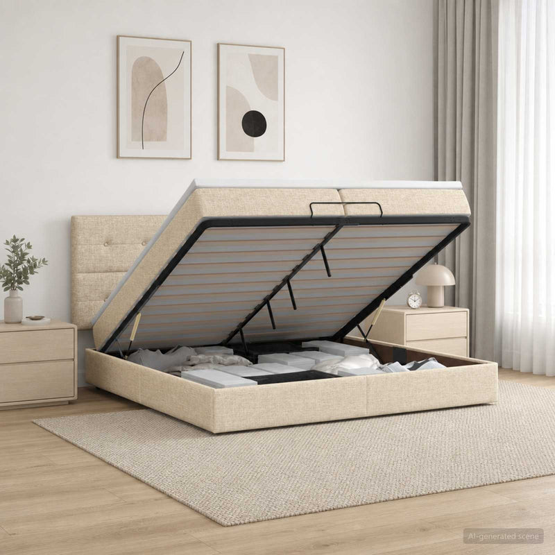 Pat ottoman cu saltea cu headboard Crem 200 x 200 cm Țesătură