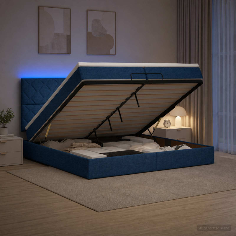 Pat Ottoman cu Saltea și LED albastru 200 x 200 cm Țesătură