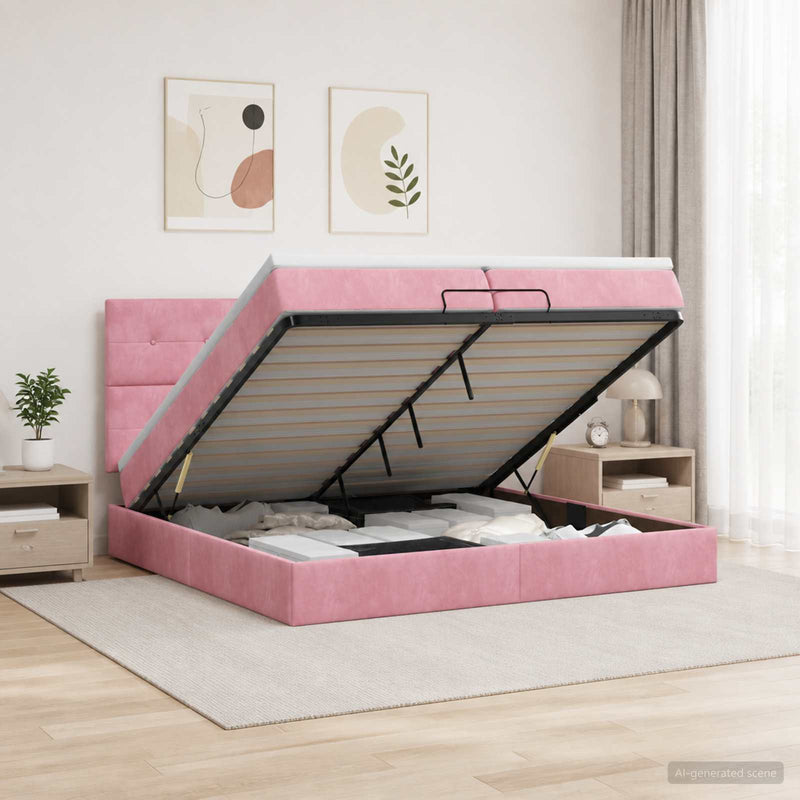 Pat Ottoman cu Saltea și LED Roz 200 x 200 cm Catifea