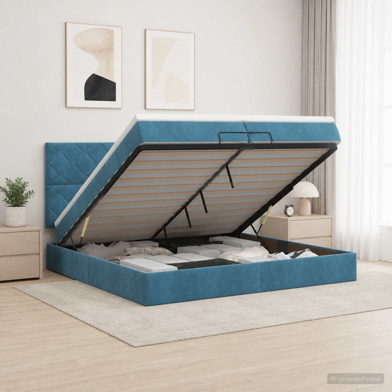Pat ottoman cu saltea Albastru închis 200 x 200 cm Catifea