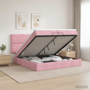 Pat ottoman cu saltea cu headboard Roz 200 x 200 cm Catifea