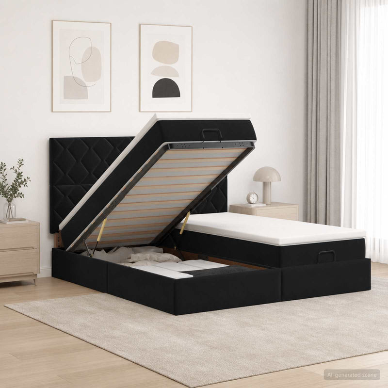 Pat ottoman cu saltea cu headboard 2 buc. Negru Catifea