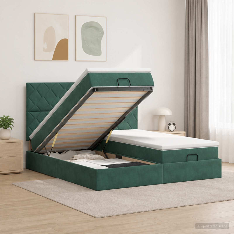 Pat Ottoman cu Saltea și LED Verde închis 200 x 200 cm Catifea