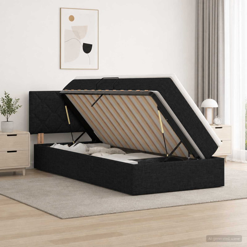 Pat cu LED și saltea Negru 90 x 200 cm Țesătură