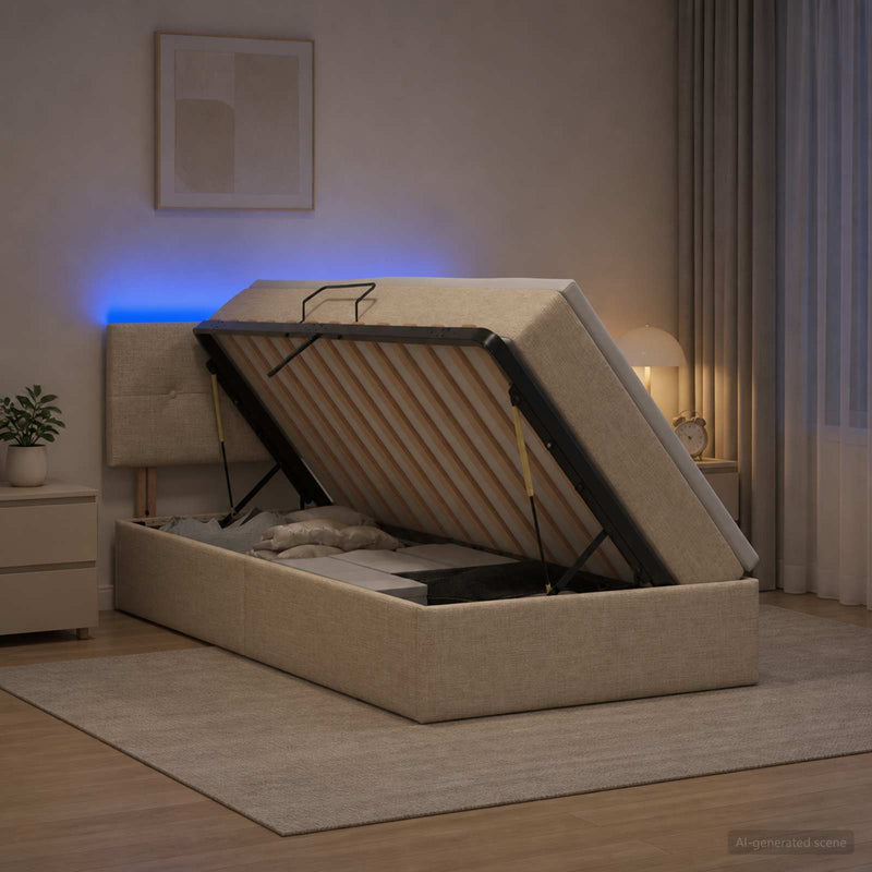 Pat cu LED și saltea Crem 90 x 200 cm Țesătură