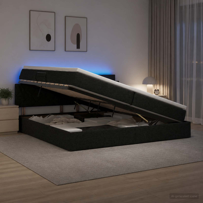 Pat cu LED și saltea Negru 200 x 200 cm Țesătură