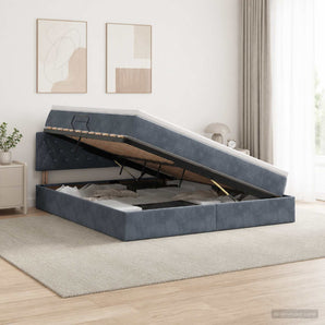 Pat cu storage cu headboard Gri închis 140 x 190 cm Catifea