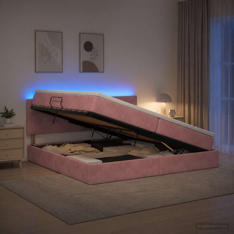 Pat cu LED și saltea Roz 200 x 200 cm Catifea