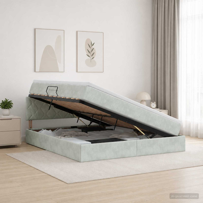Pat cu storage cu headboard Gri deschis 140 x 190 cm Catifea