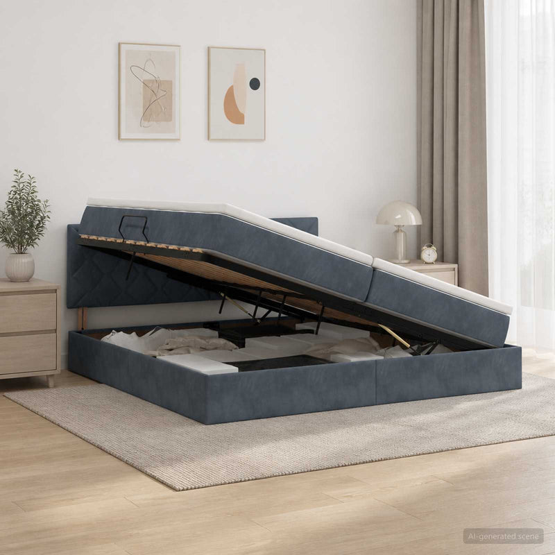 Pat cu storage cu headboard Gri închis 200 x 200 cm Catifea