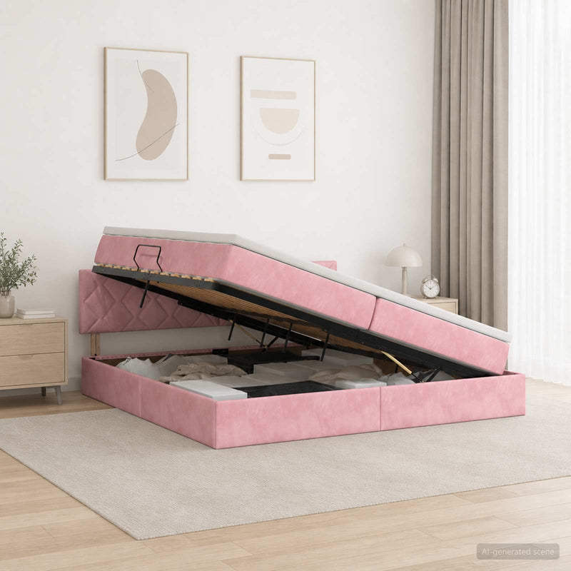 Pat cu storage cu headboard Roz 200 x 200 cm Catifea