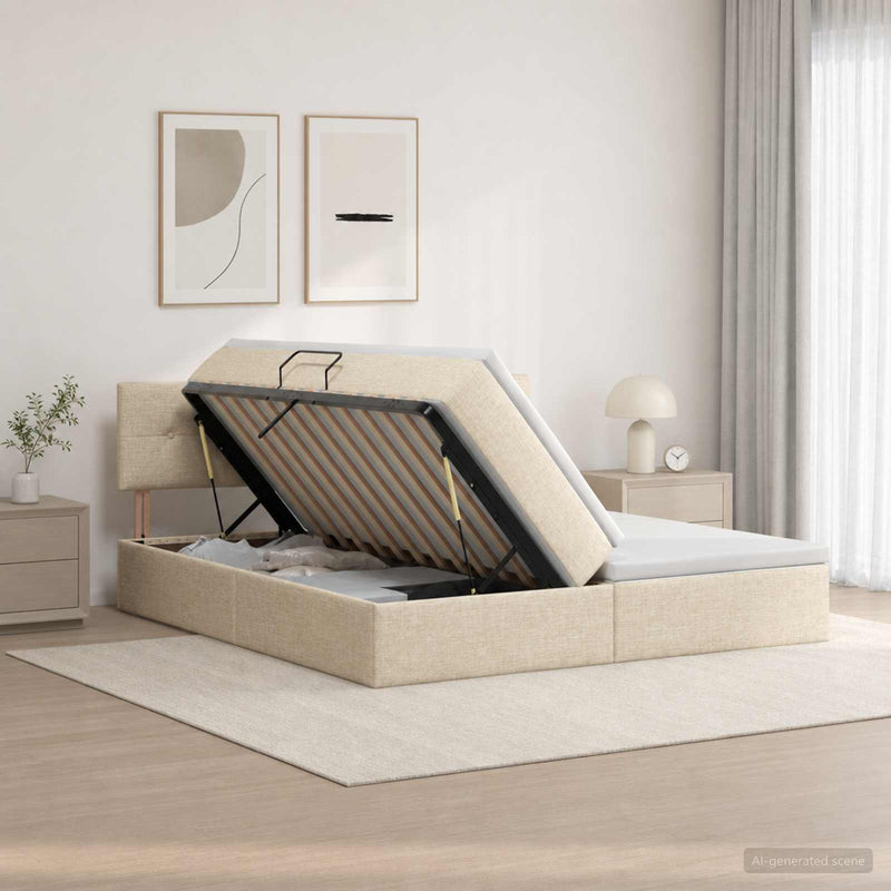 Pat cu storage cu headboard 2 buc. Crem Piele artificială