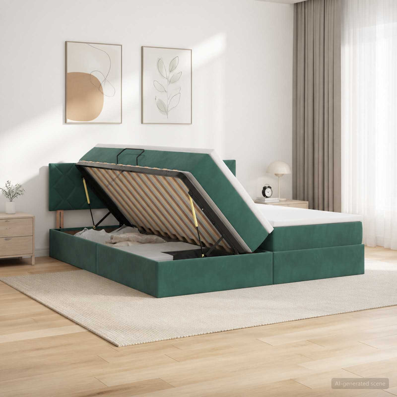 Pat cu storage cu headboard 2 buc. Verde închis