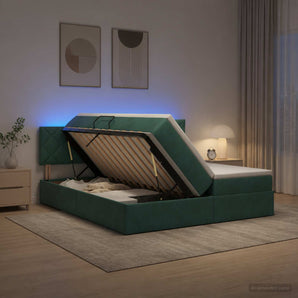 Pat cu LED și saltea Verde închis 200 x 200 cm Catifea