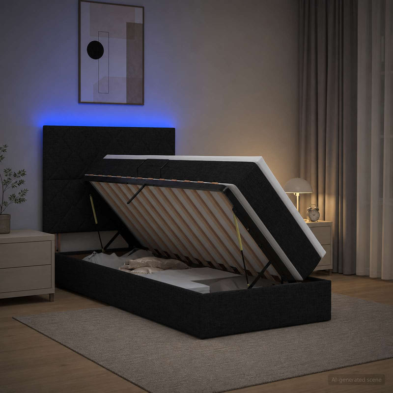 Pat cu LED și saltea Negru 90 x 190 cm Țesătură