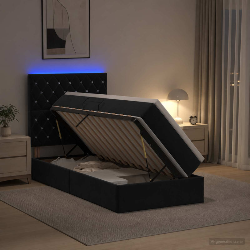 Pat cu LED și saltea Negru 90 x 200 cm Catifea