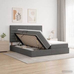 Pat cu storage cu headboard Gri închis 200 x 200 cm Țesătură