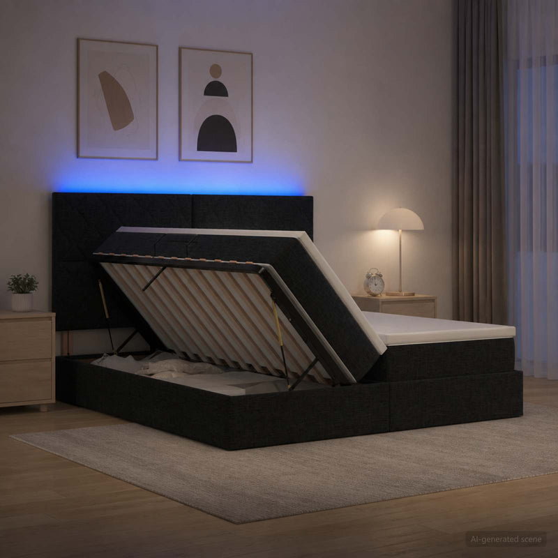 Pat cu LED și saltea Negru 180 x 200 cm Țesătură