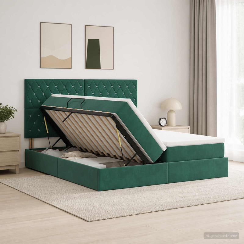 Pat cu storage cu headboard Verde închis 200 x 200 cm Catifea