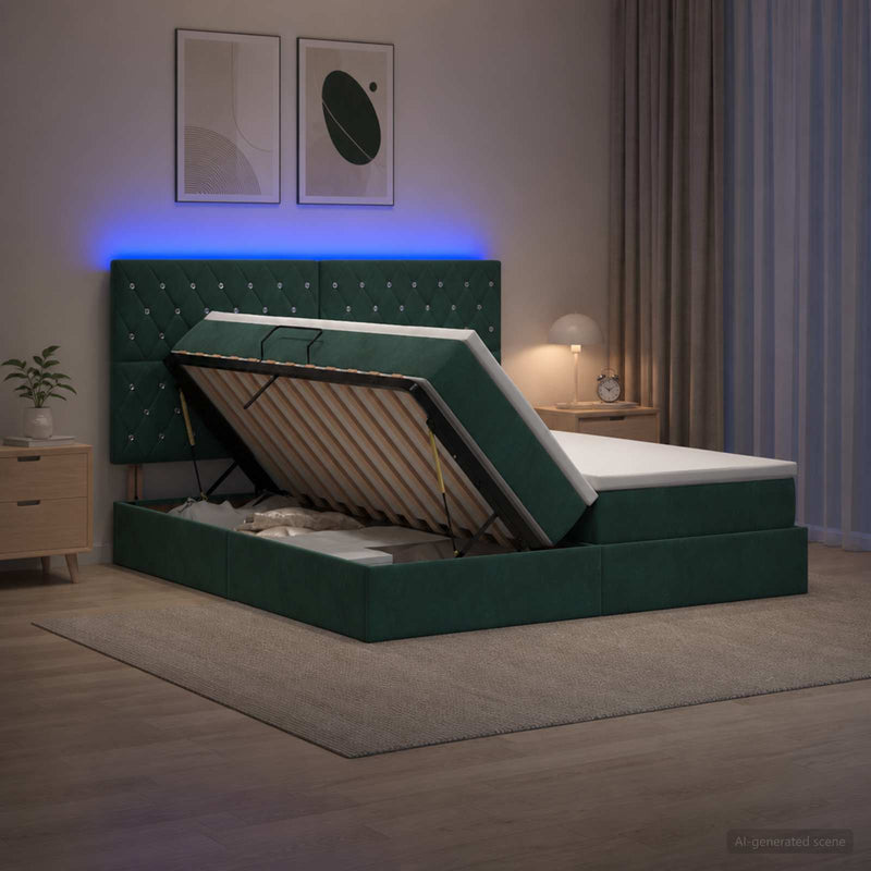Pat cu LED și saltea Verde închis 200 x 200 cm Catifea