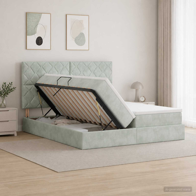 Pat cu storage cu headboard Gri deschis 180 x 200 cm Catifea