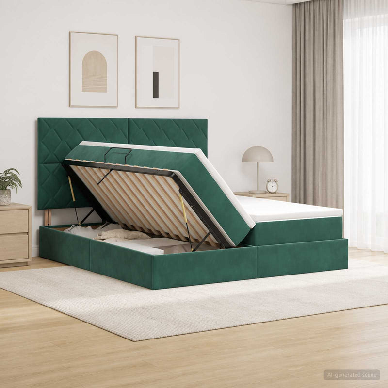 Pat cu storage cu headboard Verde închis 200 x 200 cm Catifea