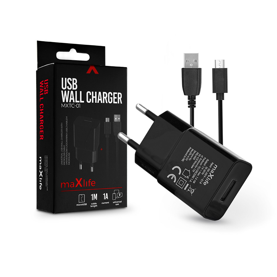 Maxlife USB hálózati töltő adapter + micro USB adatkábel 1 m-es vezetékkel - Maxlife MXTC-01 USB Wall Charger - 5V/1A - fekete (TF-0124)-0