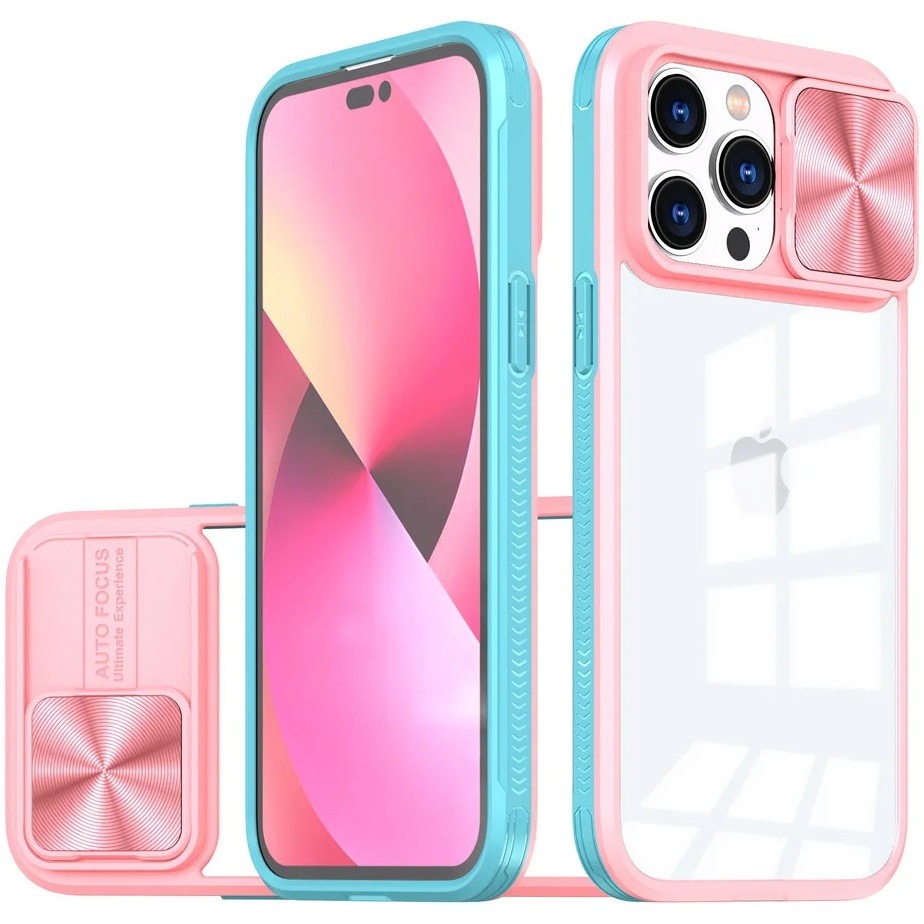 Apple iPhone 13 Pro Max, Műanyag hátlap + szilikon keret, átlátszó akril hátlap, kamera védelem, Wooze Trendy, rózsaszín/kék (TS4030)-0