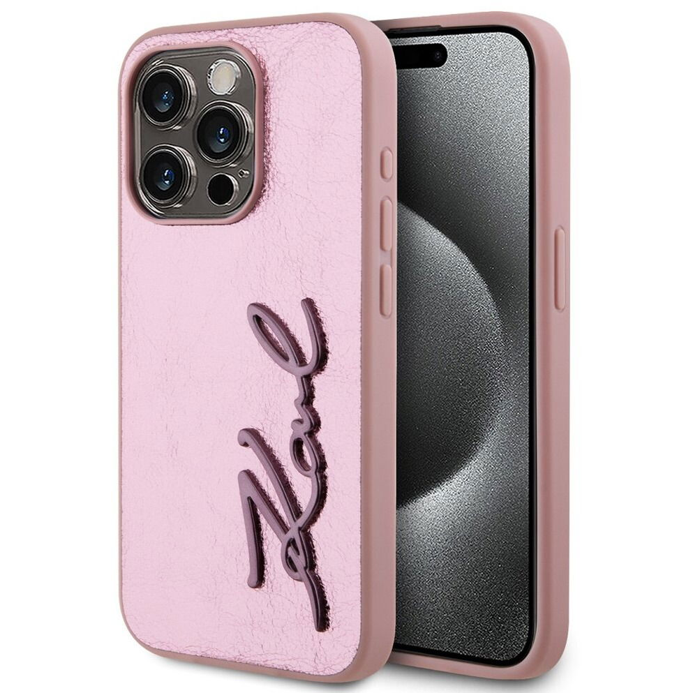 Karl Lagerfeld Wrinkled Signature Logo iPhone 15 Pro Max rózsaszín PU tok (KLHCP15XPFMFBKMP)-0