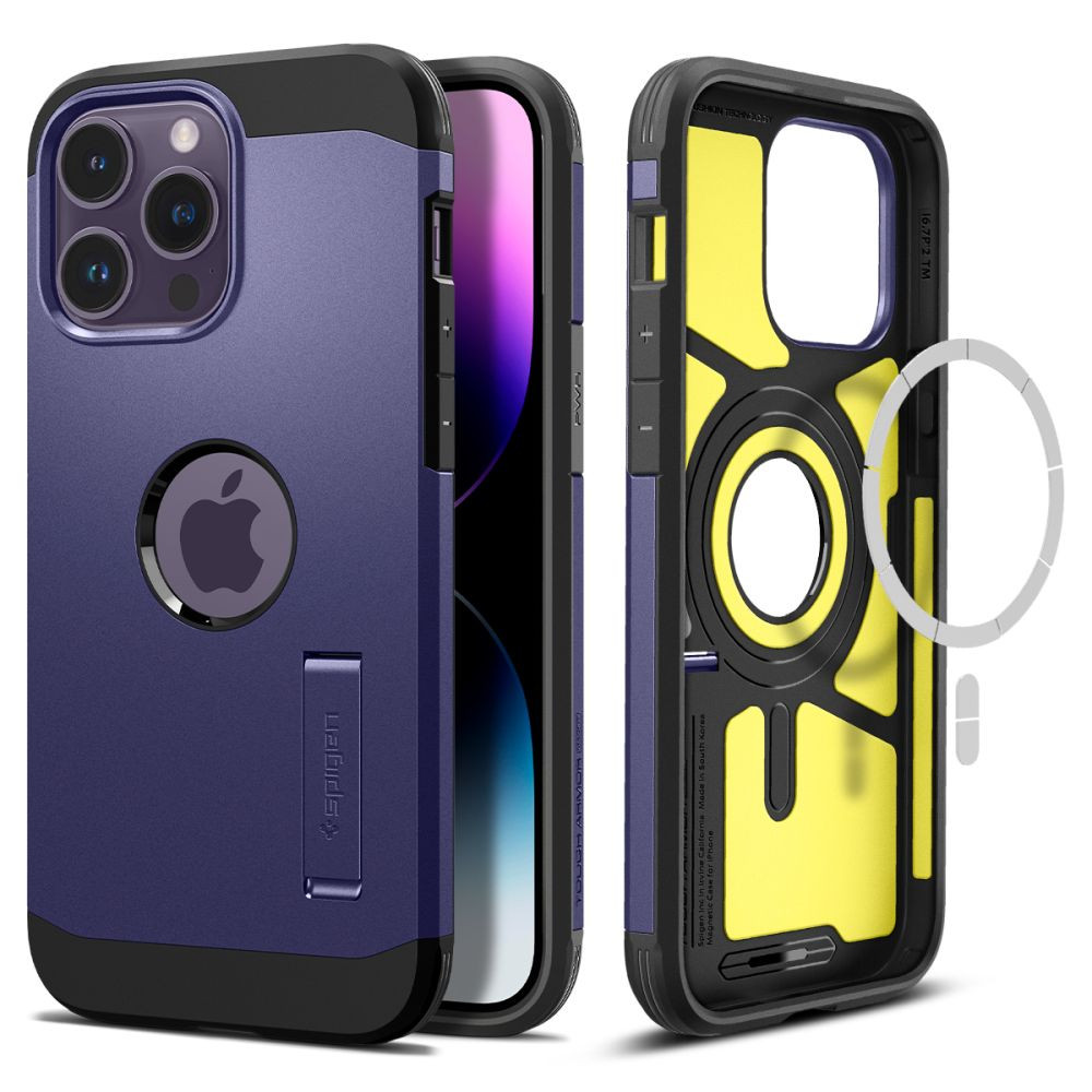 Apple iPhone 14 Pro Max, Szilikon tok + műanyag hátlap, Magsafe töltővel kompatibilis, kitámasztóval, Spigen Tough Armor Mag, lila (8809811869835)-0