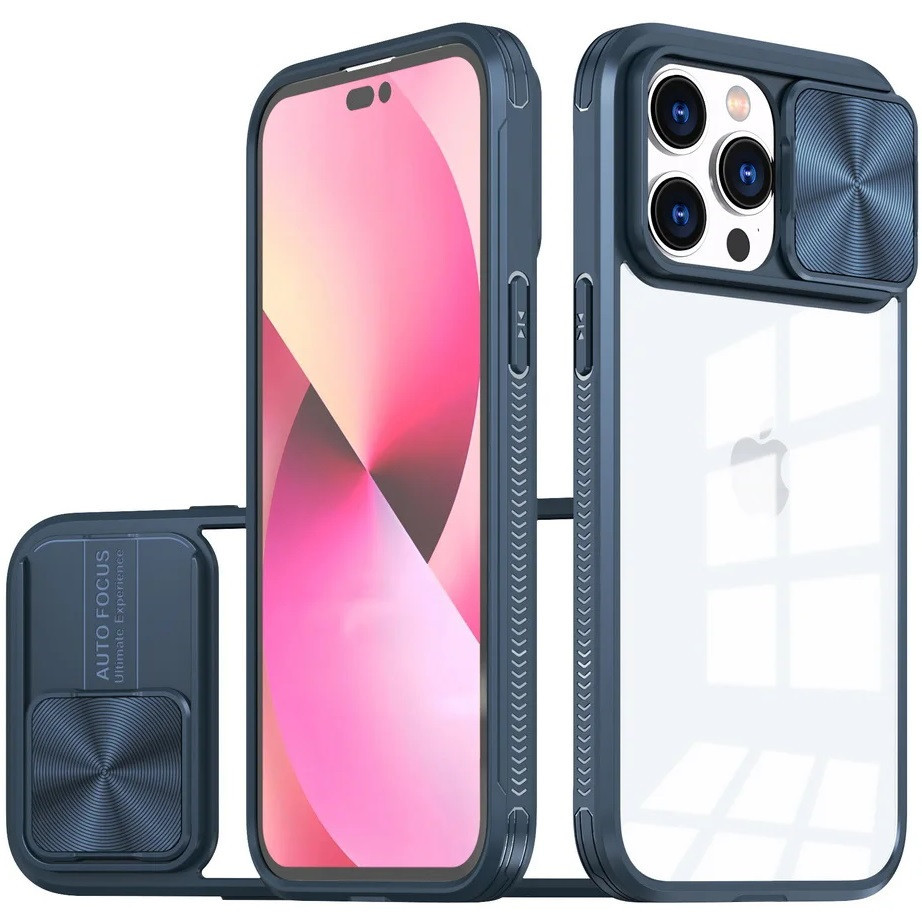 Apple iPhone 16 Pro, Műanyag hátlap + szilikon keret, átlátszó akril hátlap, kamera védelem, Wooze Trendy, sötétkék (TS6726)-0