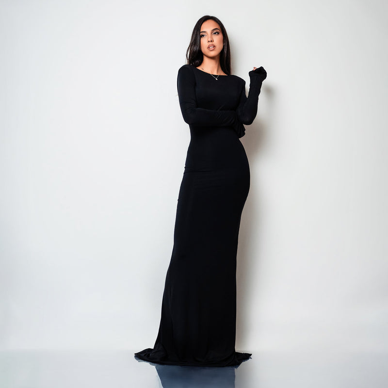 Rochie lunga neagra din bumbac de cocktail cu spatele gol si drapaje Luna