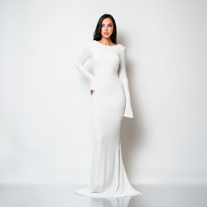 Rochie lunga alba din bumbac de cocktail cu spatele gol si drapaje Luna