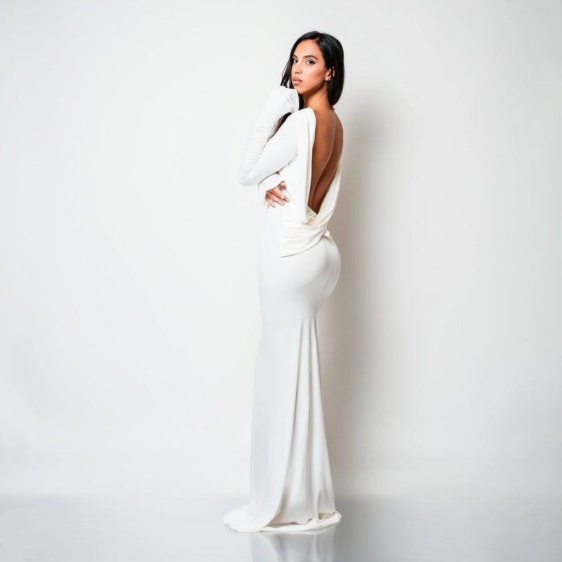 Rochie lunga neagra din bumbac de cocktail cu spatele gol si drapaje Luna