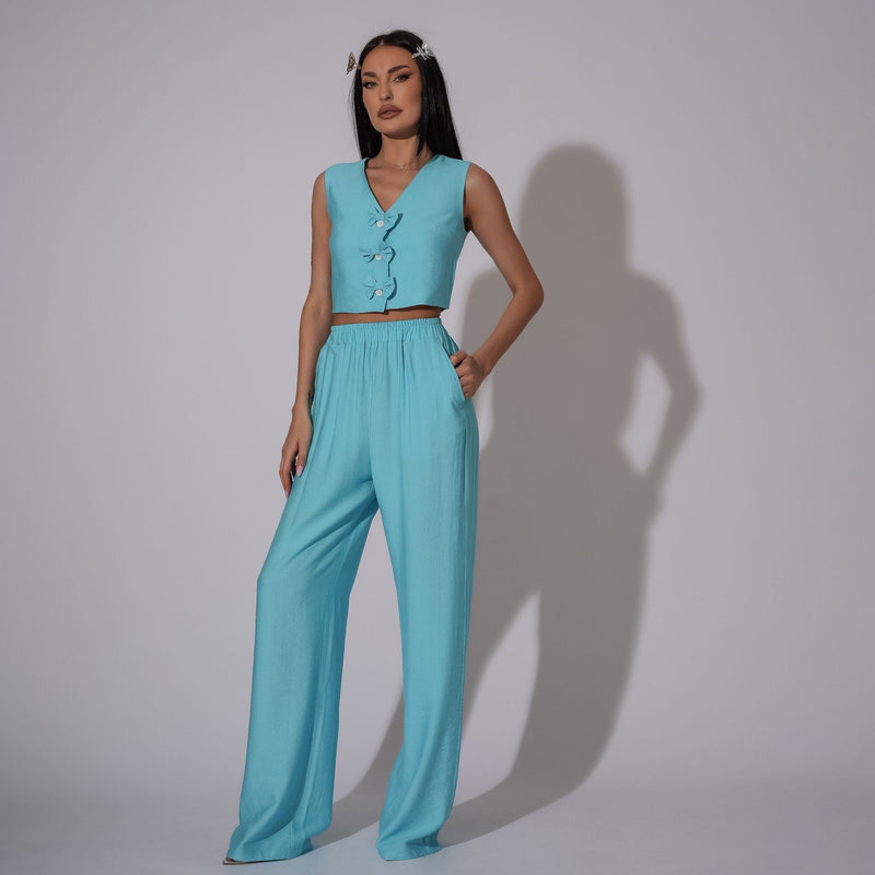 Compleu din in cu vesta si pantaloni lungi drepti Bluey