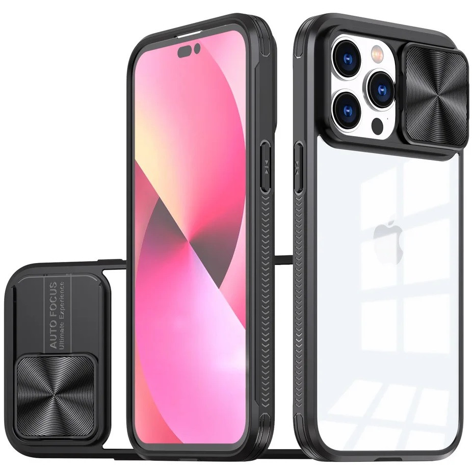 Apple iPhone 14, Műanyag hátlap + szilikon keret, átlátszó akril hátlap, kamera védelem, Wooze Trendy, fekete (TS3999)-0