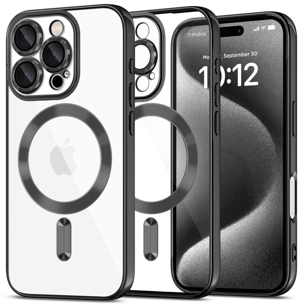 Apple iPhone 16 Pro Max, Műanyag hátlap védőtok + szilikon keret, közepesen ütésálló, Magsafe töltővel kompatibilis, fényes keret, Magflex Magsafe, átlátszó/fekete (5906302311378)-0