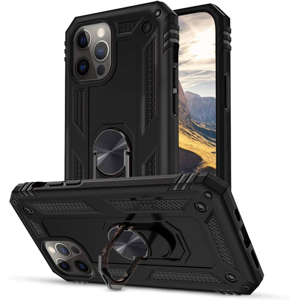 LG K52 / K62, Műanyag hátlap védőtok, közepesen ütésálló, szilikon belső, telefontartó gyűrű, Defender, fekete (96426)-0