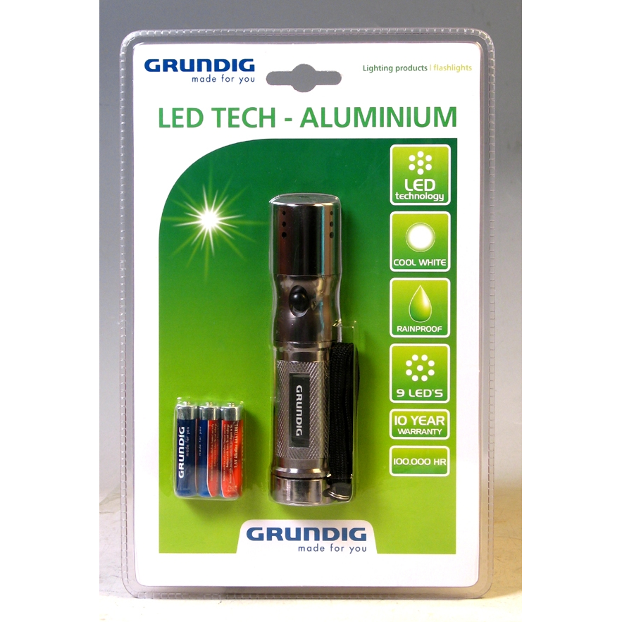 Grundig TORCH-9LED-ALU Elemes LED Elemlámpa 60 lumen - Fekete (TORCH-9LED-ALU 3AAA-GR)-0
