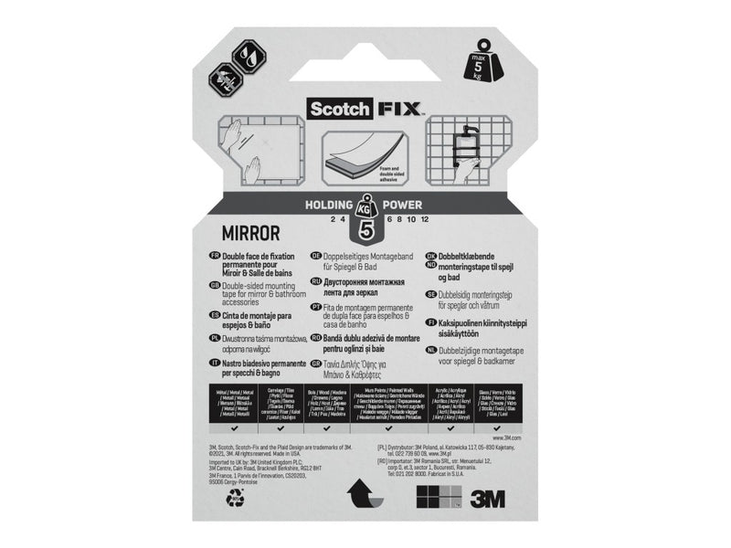 Bandă dublu adezivă montare oglinzi, 19 mm x 1,5 m, 3M Scotch-Fix™