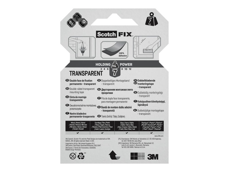 Bandă dublu adezivă transparentă pentru montare, 19 mm x 1,5 m, 3M Scotch-Fix™