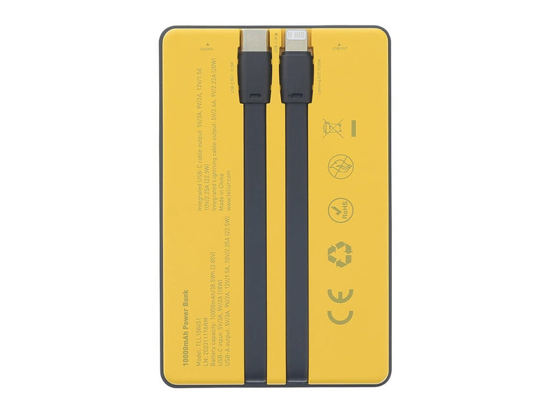 Baterie externă Tellur 10000mAh, USB-C + Lightning cabluri incorporate, QC3.0, PD, galben
