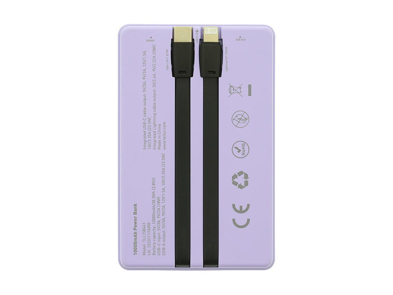 Baterie externă Tellur 10000mAh, USB-C + Lightning cabluri incorporate, QC3.0, PD, mov