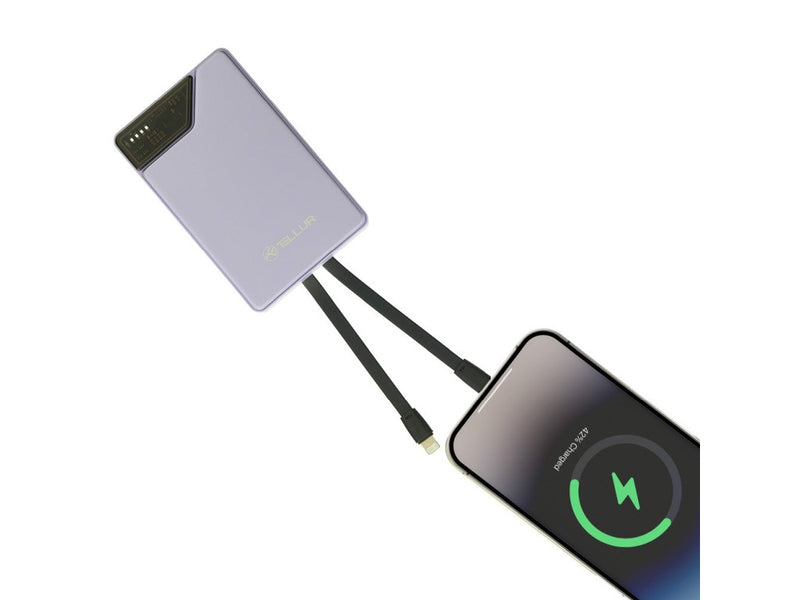 Baterie externă Tellur 10000mAh, USB-C + Lightning cabluri incorporate, QC3.0, PD, mov