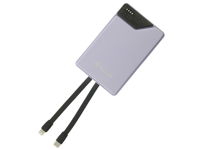 Baterie externă Tellur 10000mAh, USB-C + Lightning cabluri incorporate, QC3.0, PD, mov