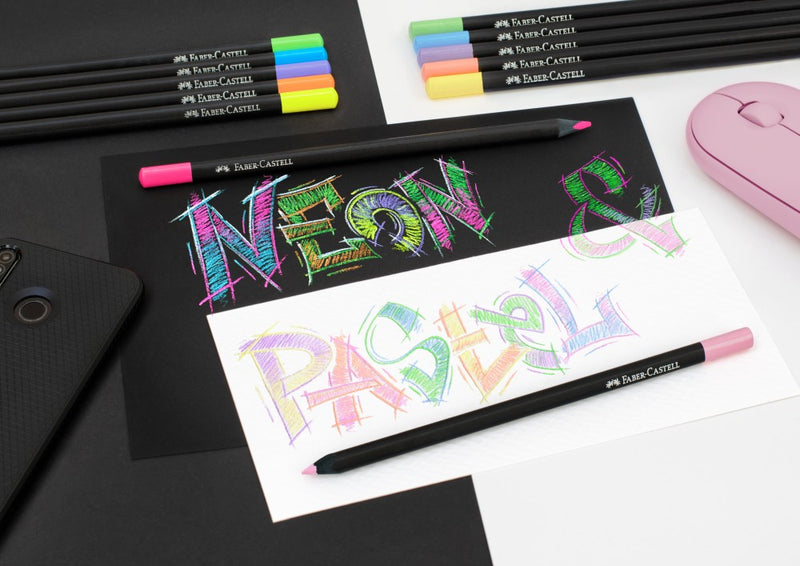 Creioane colorate triunghiulare black edition pastel + neon Faber-Castell 12 culori/set
