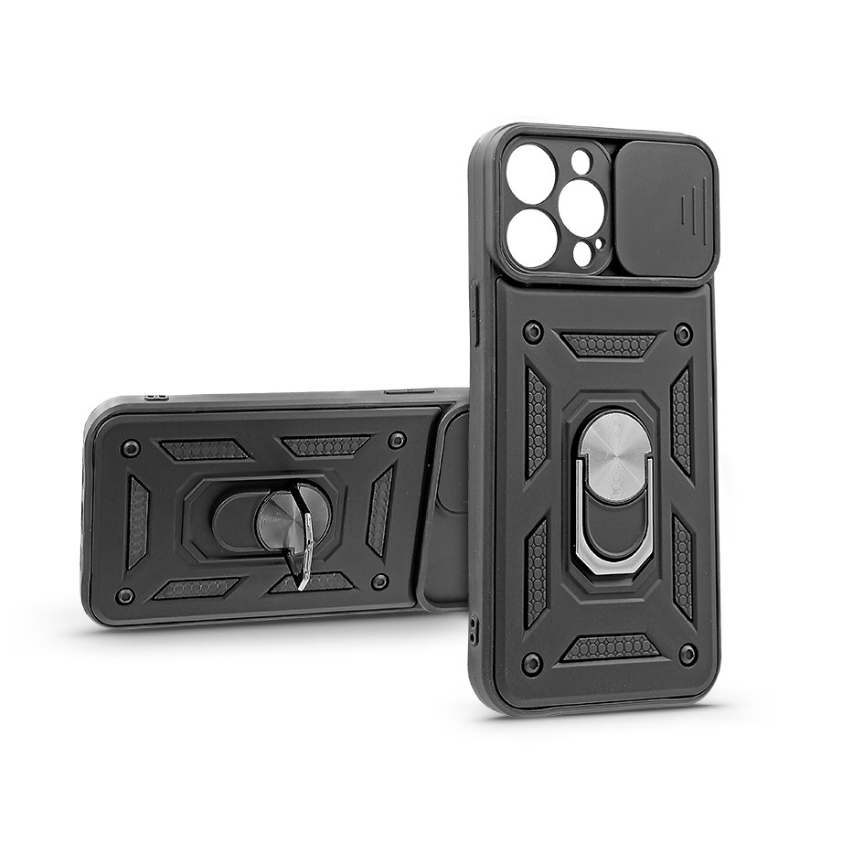 Apple iPhone 13 Pro Max ütésálló hátlap gyűrűvel és kameravédővel - Slide Armor - fekete (PT-6757)-0
