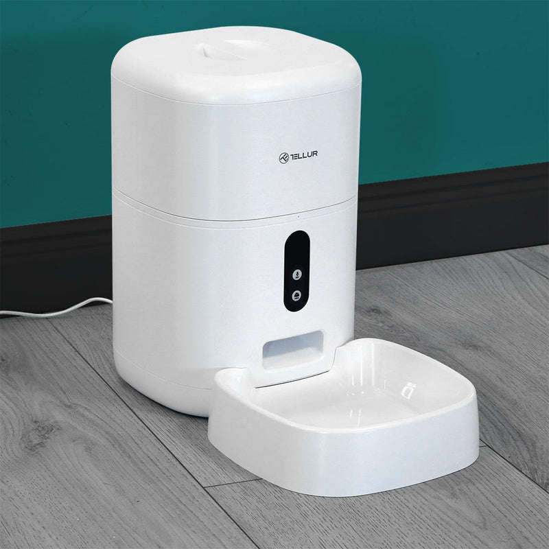 Dispenser hrană animale WiFi Tellur Smart, Cameră UltraHD, 4L, Alb