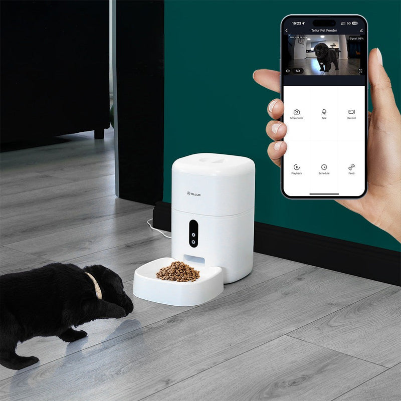 Dispenser hrană animale WiFi Tellur Smart, Cameră UltraHD, 4L, Alb